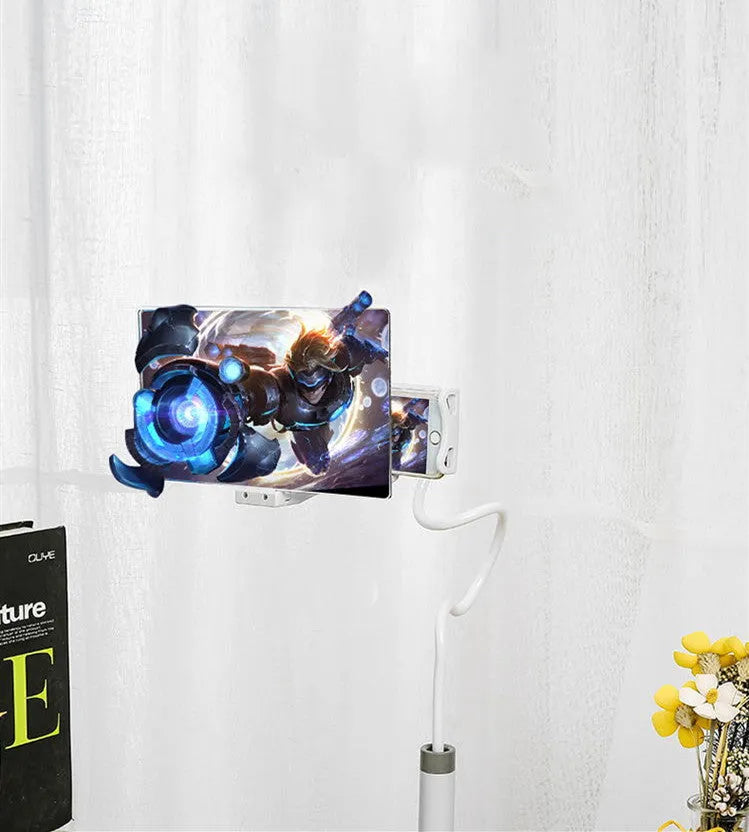 Black mobile phone screen amplifier with 12-inch acrylic lens on adjustable folding bracket