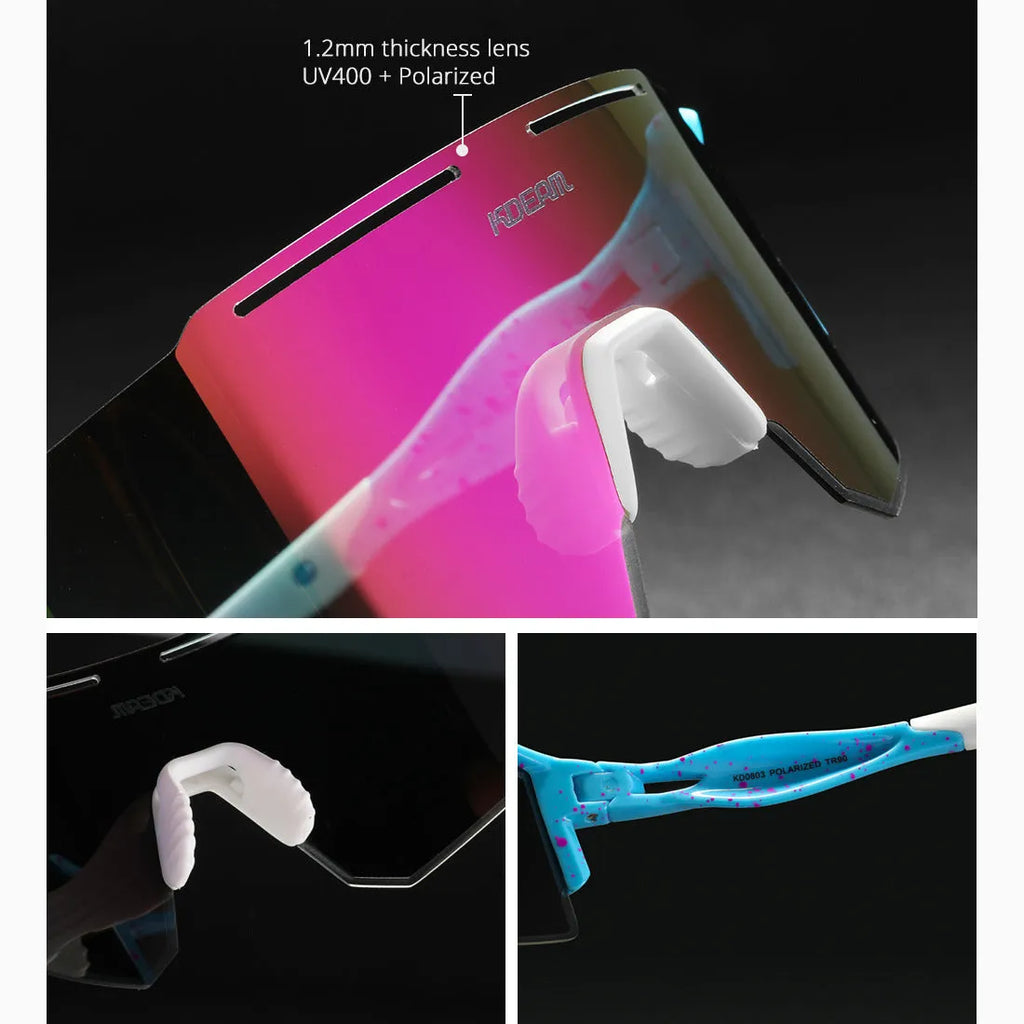 Polarised frameless sports sunglasses with TR90 temples shown in a colour option, resting on a surface.