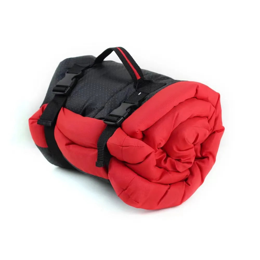 Blue foldable waterproof dog bed shown both open and secured with buckles for portable carry