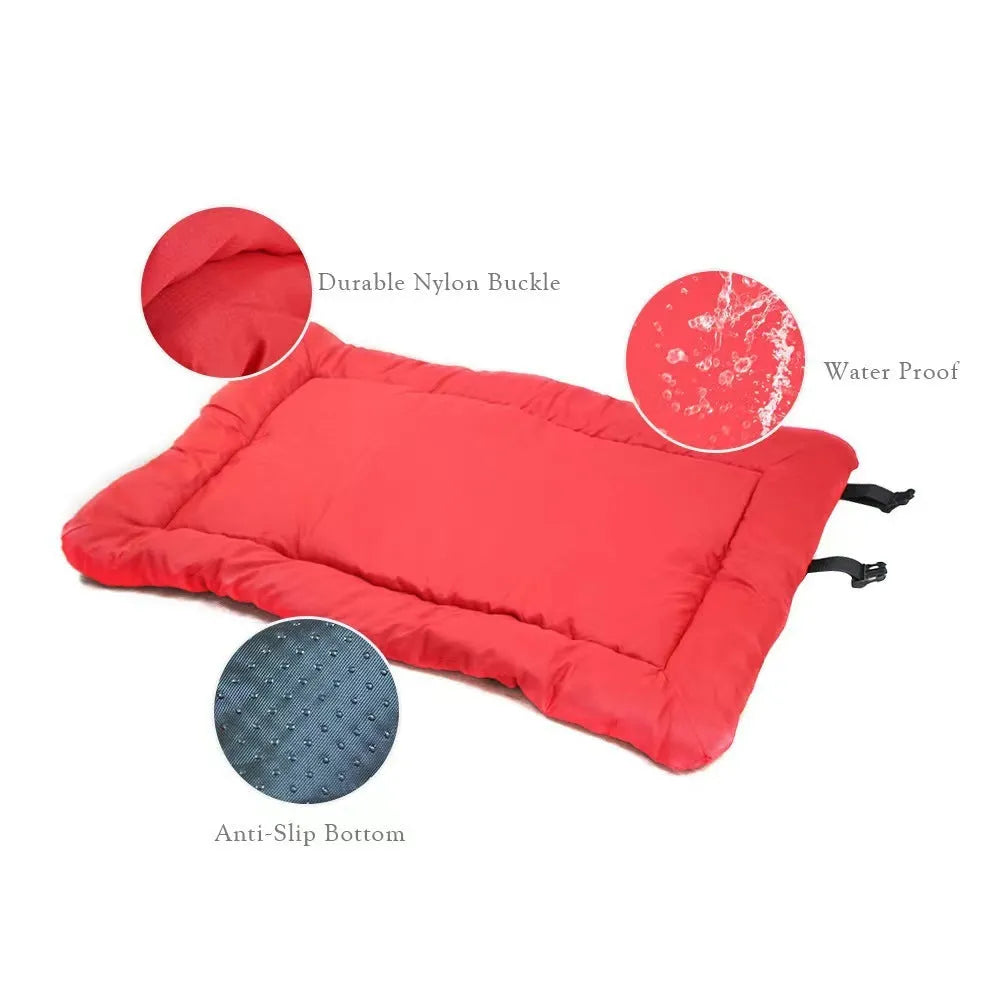 Blue foldable waterproof dog bed shown both open and secured with buckles for portable carry