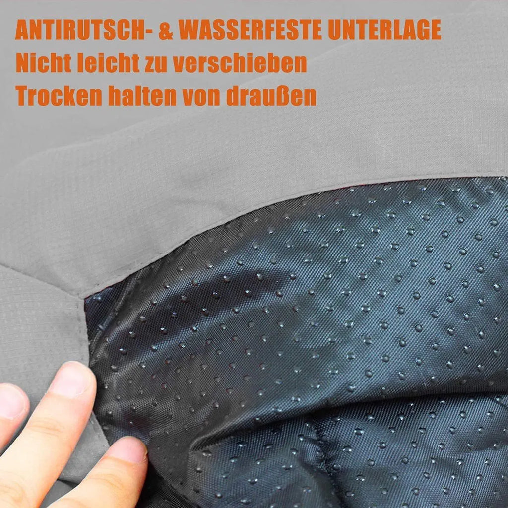 Blue foldable waterproof dog bed shown both open and secured with buckles for portable carry
