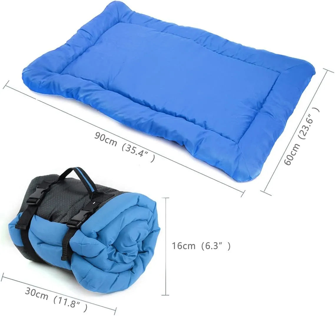Blue foldable waterproof dog bed shown both open and secured with buckles for portable carry