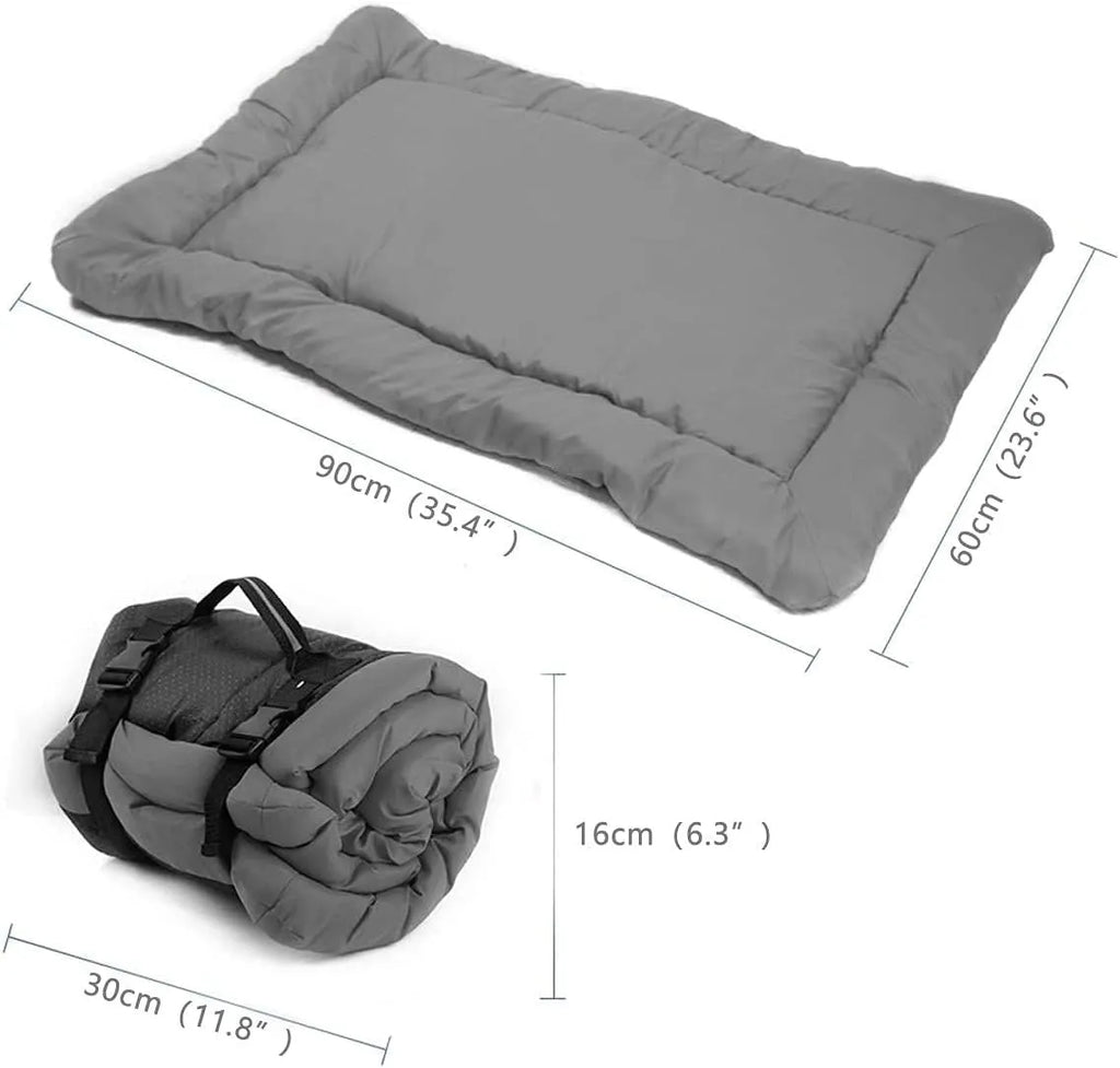 Blue foldable waterproof dog bed shown both open and secured with buckles for portable carry