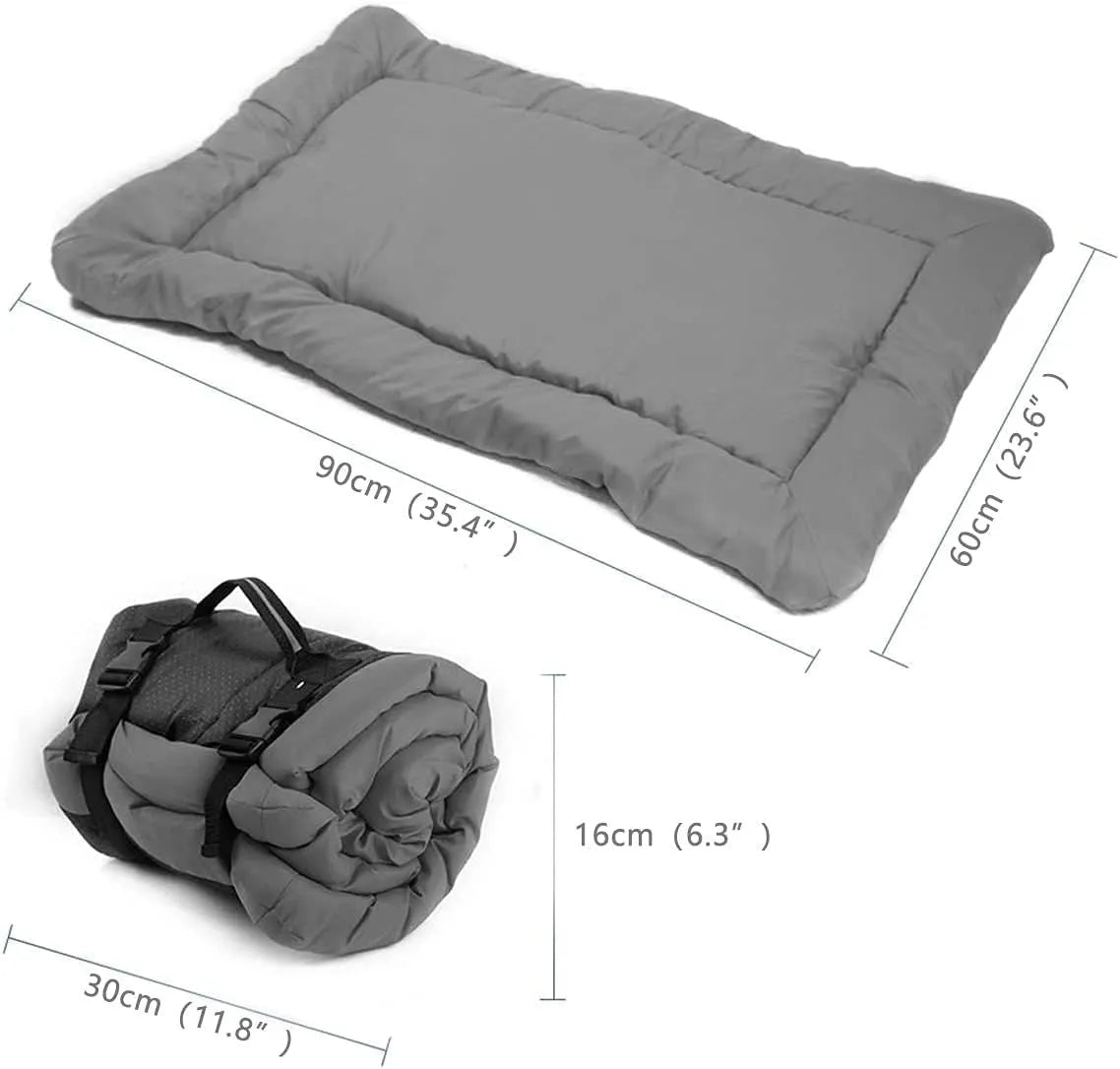 Blue foldable waterproof dog bed shown both open and secured with buckles for portable carry