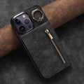 Vintage ring zipper card anti-theft swiping phone case in black, with bracket and lanyard, for iPhone
