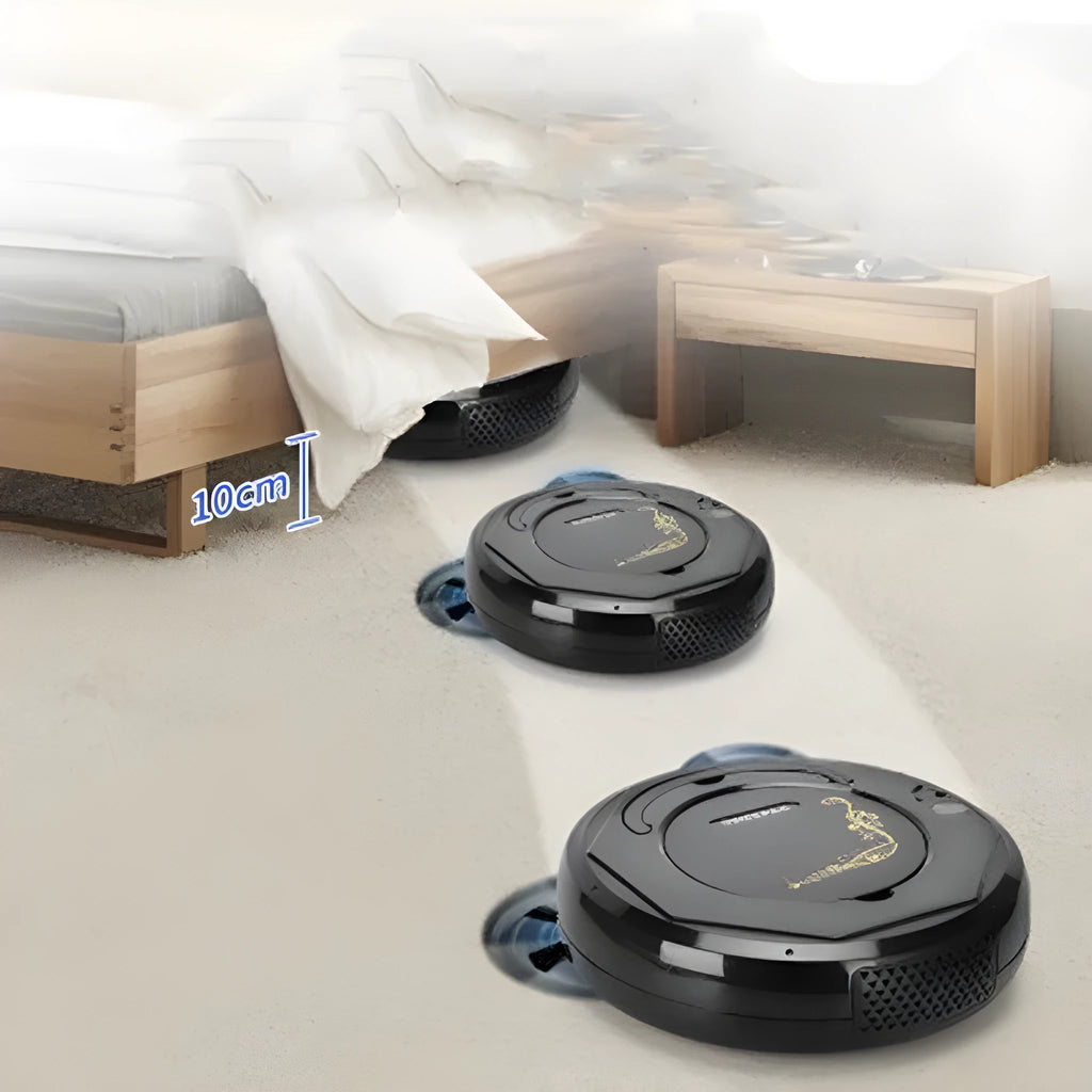 Lazy Smart floor sweeping robot in blue, black or white colours with charging cable and accessories