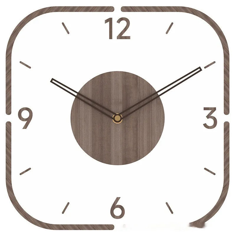 Modern transparent wooden frame wall clock with 35cm square dimensions.