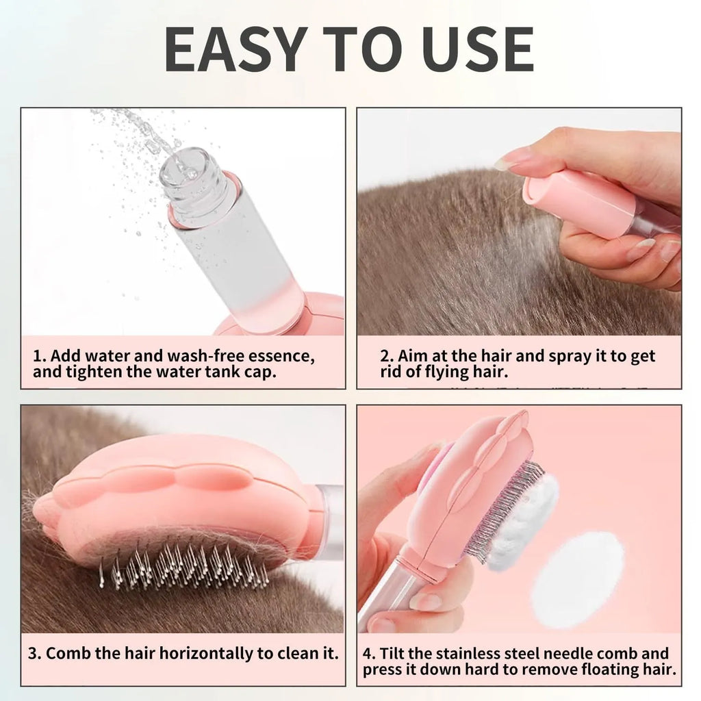 Grey pet grooming brush with self-cleaning button and water spray function on a white background