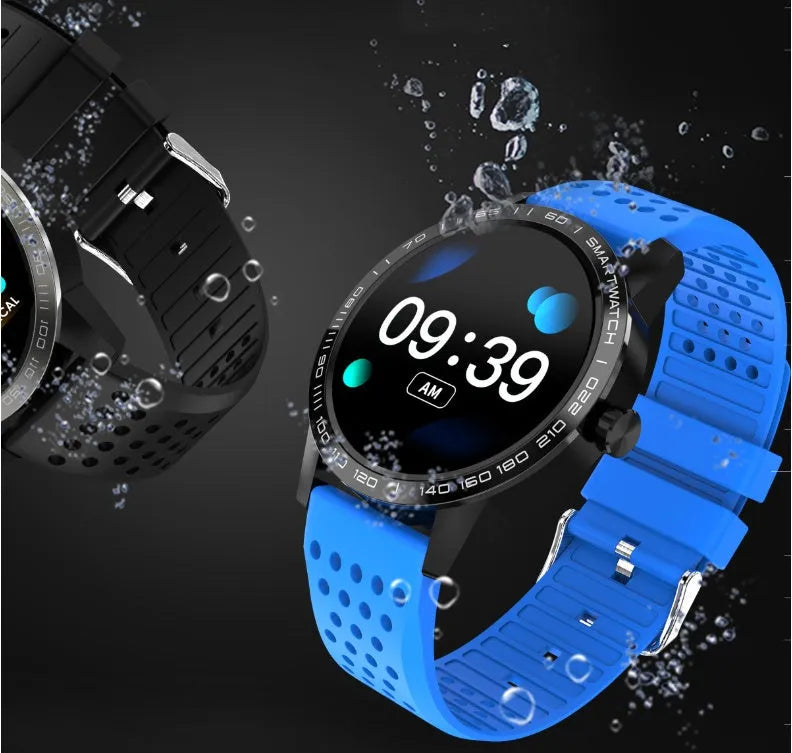 Black or blue smart bracelet with a 1.3-inch colour screen displaying heart rate data.