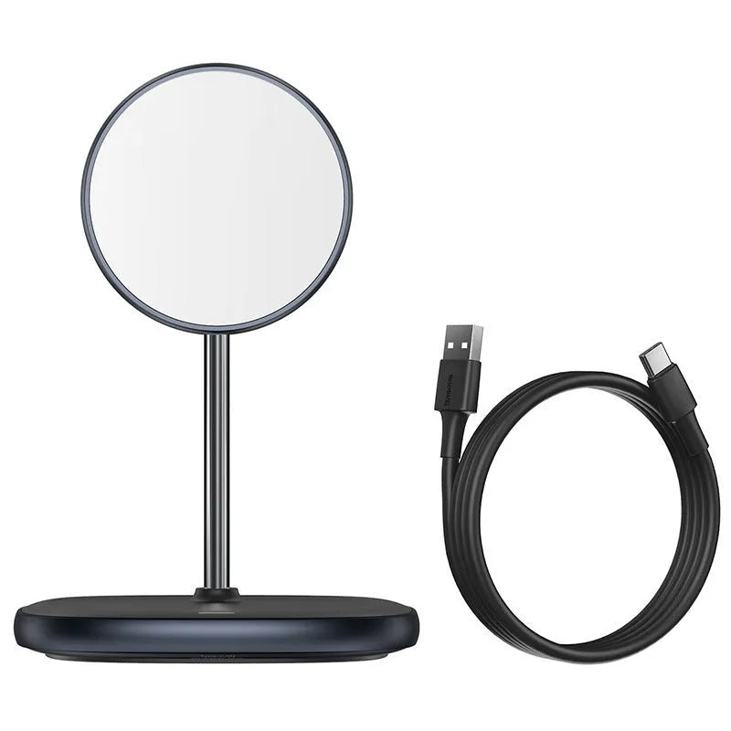 Black Swan magnetic wireless charging stand holding an iPhone 12 upright on a desk
