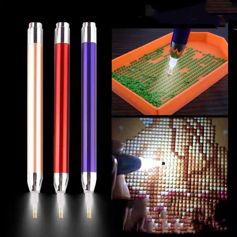 Aluminium alloy luminous drill pen for diamond painting in gold, red, or blue colour options