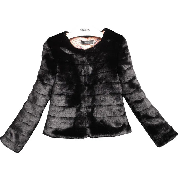 Women's short-length faux fur top in beige on a hanger, showing plush texture and regular sleeves.