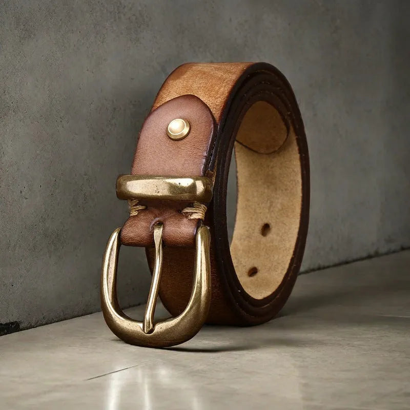 Men's casual leather belt with copper pin buckle in black, brown and khaki colours