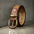 Men's casual leather belt with copper pin buckle in black, brown and khaki colours
