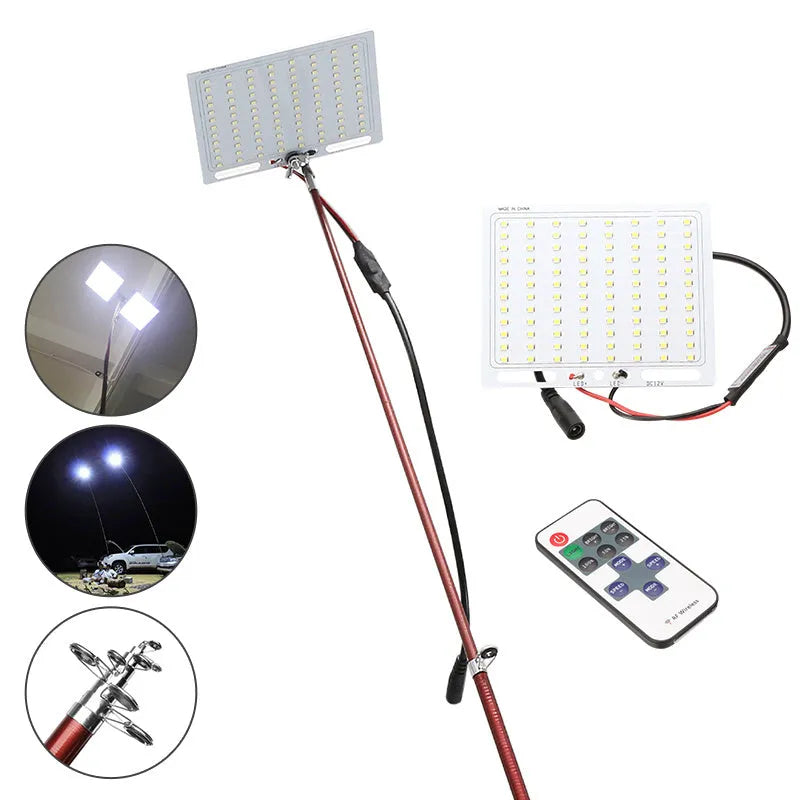 White LED fishing rod light with remote control on telescopic pole for night fishing and camping