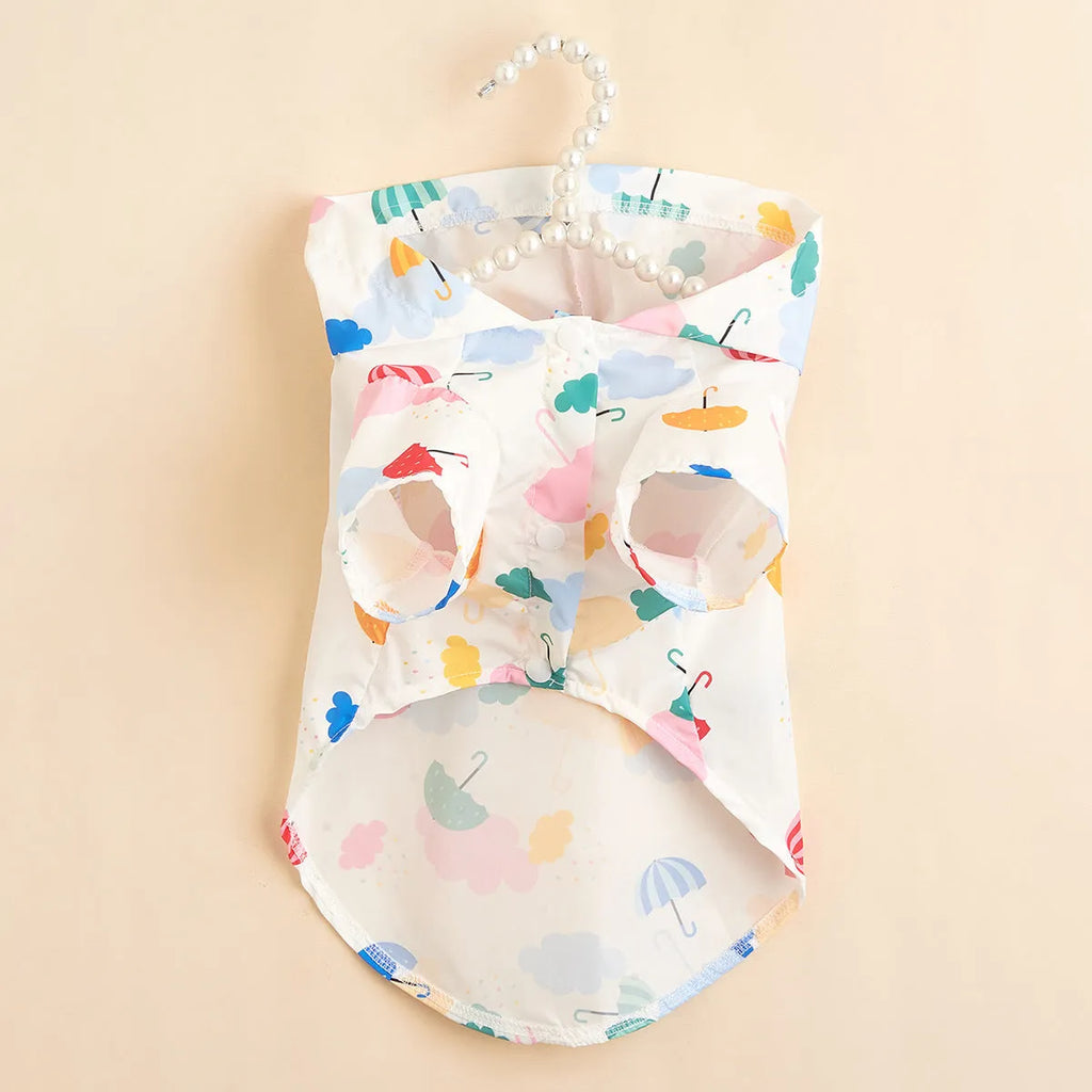 Colourful cartoon umbrella pattern dog raincoat in polyester fabric, size label shown