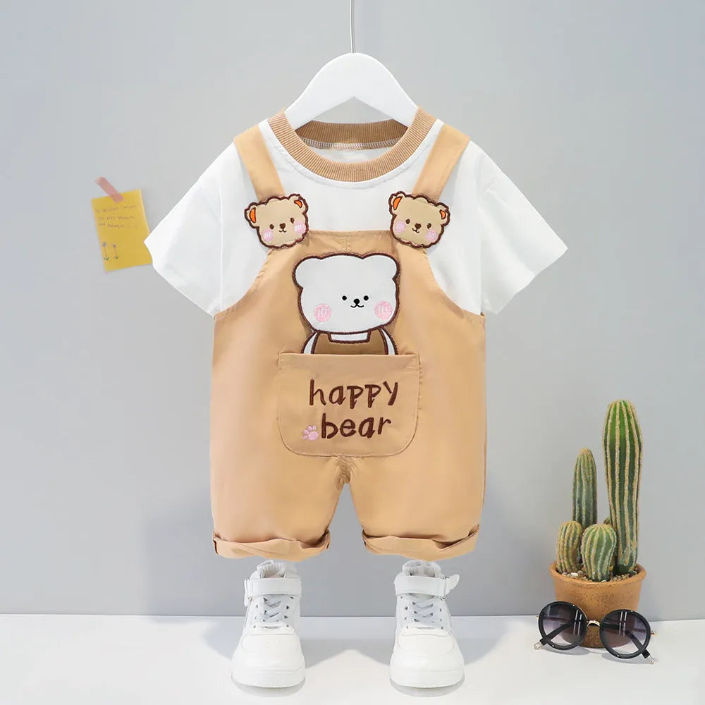 Baby short-sleeved cotton overalls in khaki with cartoon print and adjustable straps