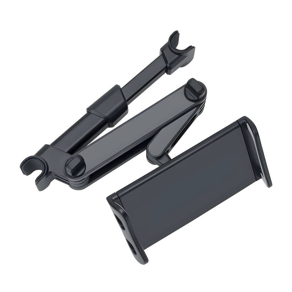 Black universal car phone holder mounted on rear seat base holding a tablet