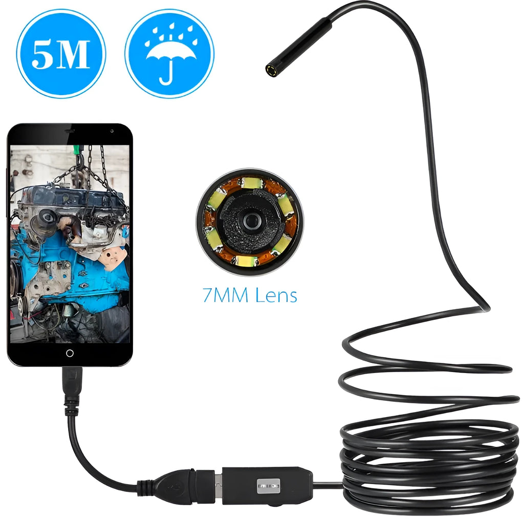 OWSOO USB endoscope camera with 5m cable, 7mm lens, LED lights, magnet, hook and side audition tools.