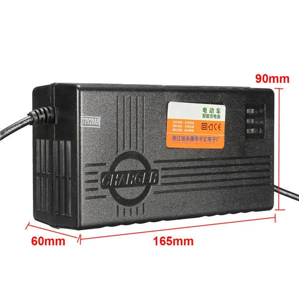 Black 72V20AH electric vehicle battery charger with dimensions 165mm by 87mm by 63mm.