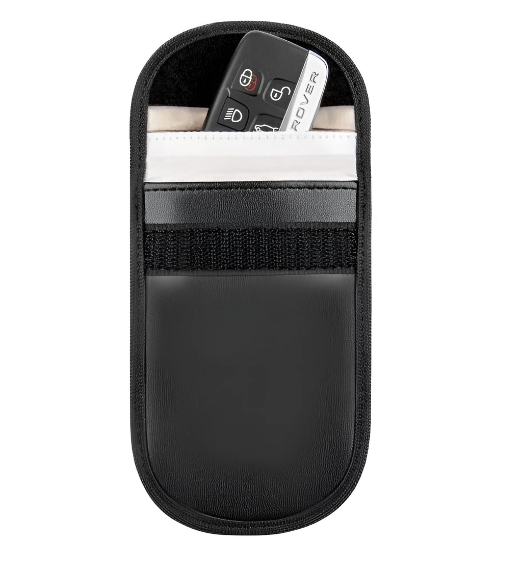 Black microfiber RFID blocking bag measuring 13.5 by 9.5 centimetres with Faraday cage signal protection