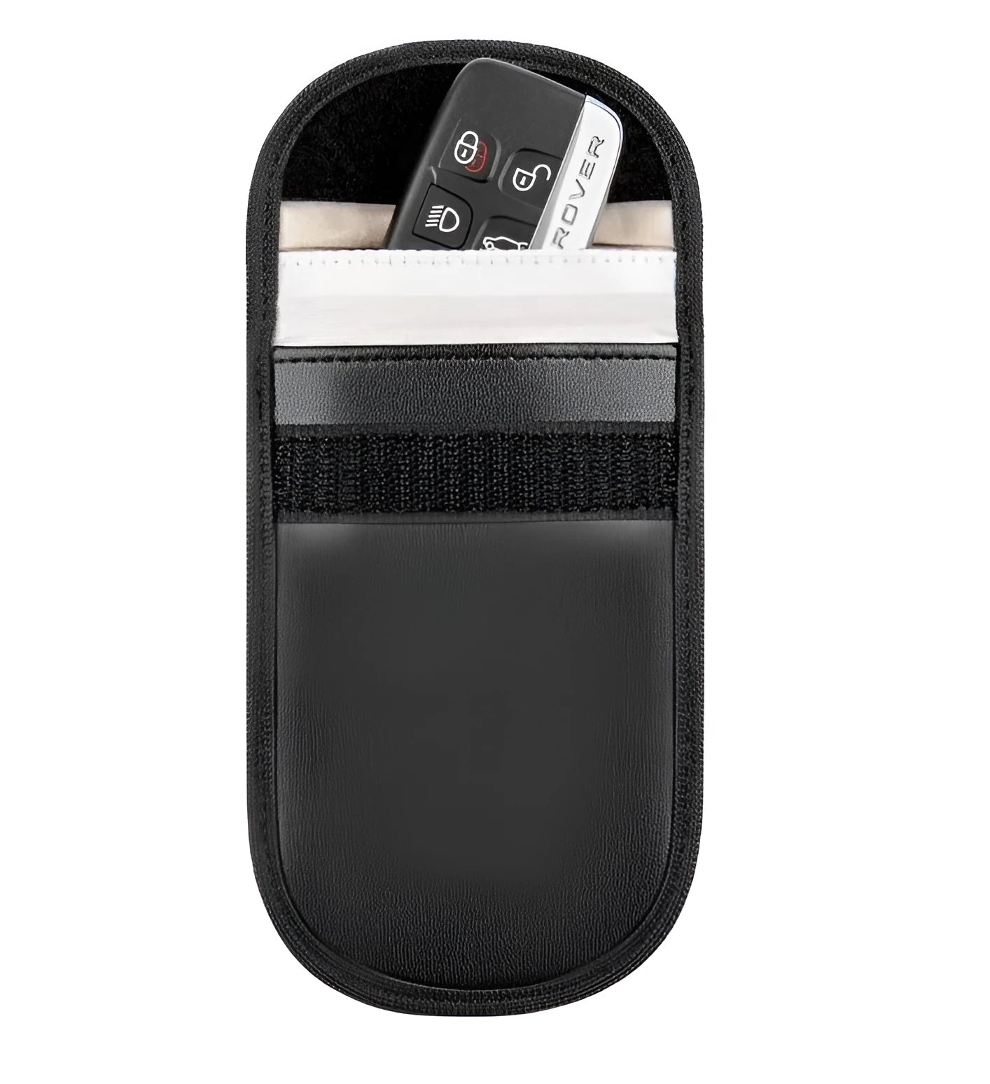 Black microfiber RFID blocking bag measuring 13.5 by 9.5 centimetres with Faraday cage signal protection