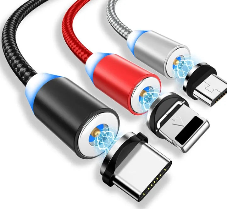 Black magnetic LED charging cable with cotton braiding and aluminium connector showing LED light