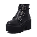 Women's black Harajuku punk ankle boots with bat buckle, side zip, and thick heel.