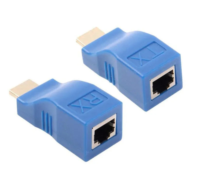 HDMI extender transmitter and receiver pair for 1080P signal transmission over Cat-5e/6 cable up to 30 metres.