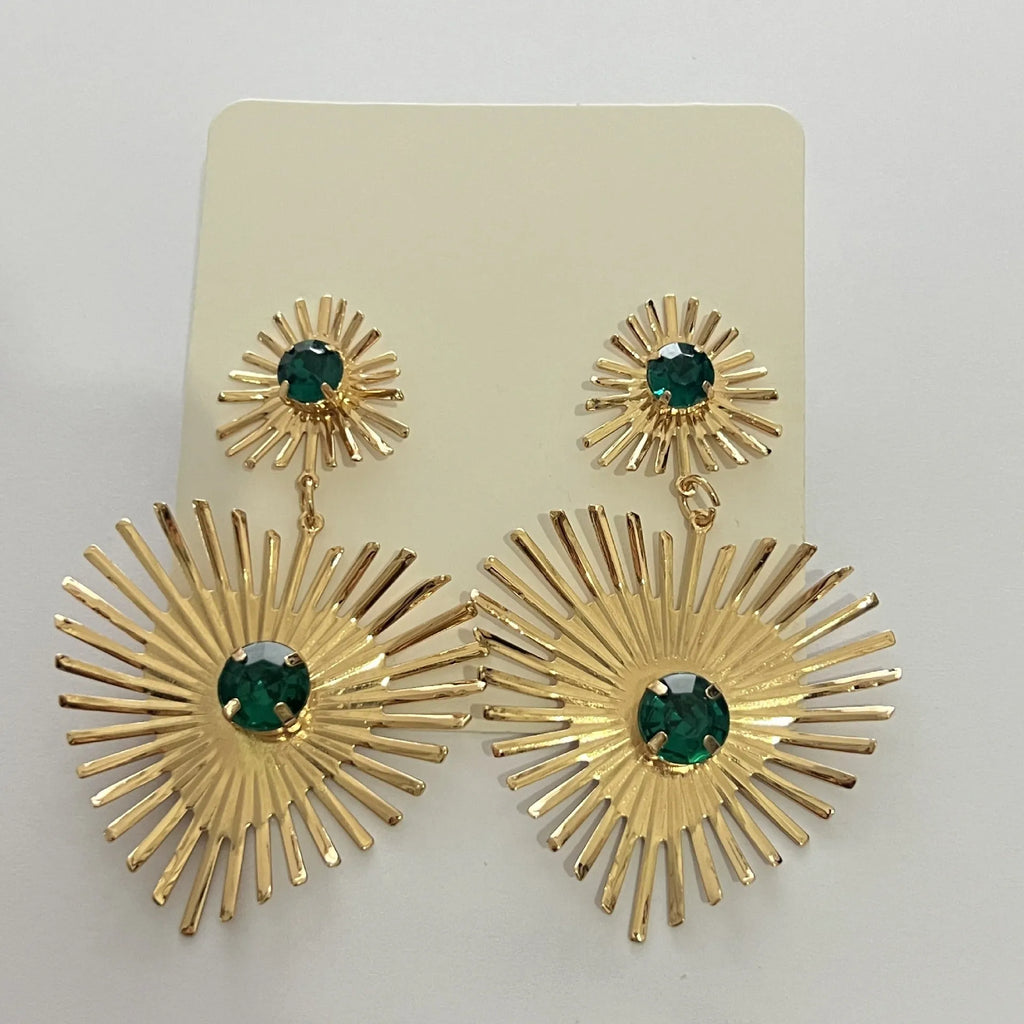 Alloy bohemian sunflower heart-shaped earrings with rhinestones in gold finish on white background