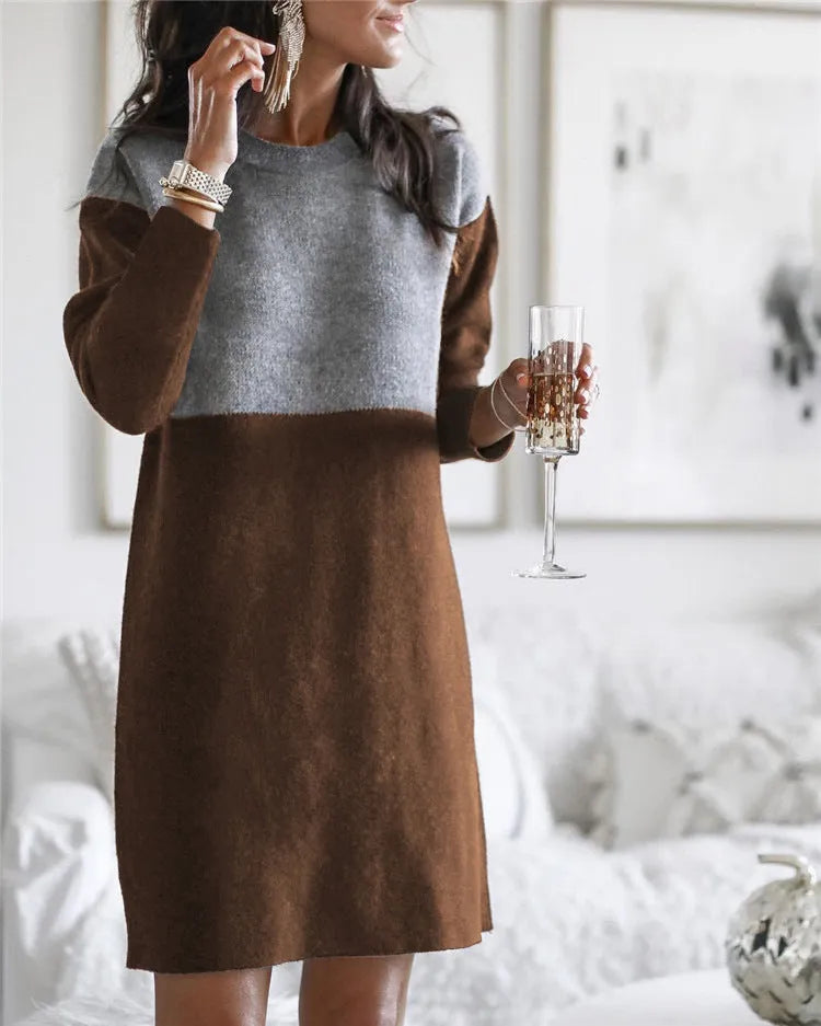 Brown women's art retro sweater patchwork skirt dress with long sleeves and princess silhouette