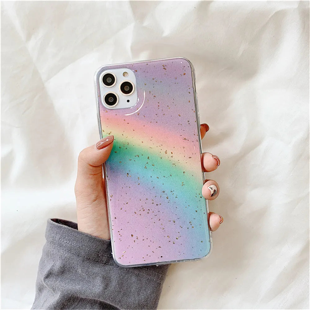 Rainbow gradient striped TPU protective case for iPhone on wooden surface