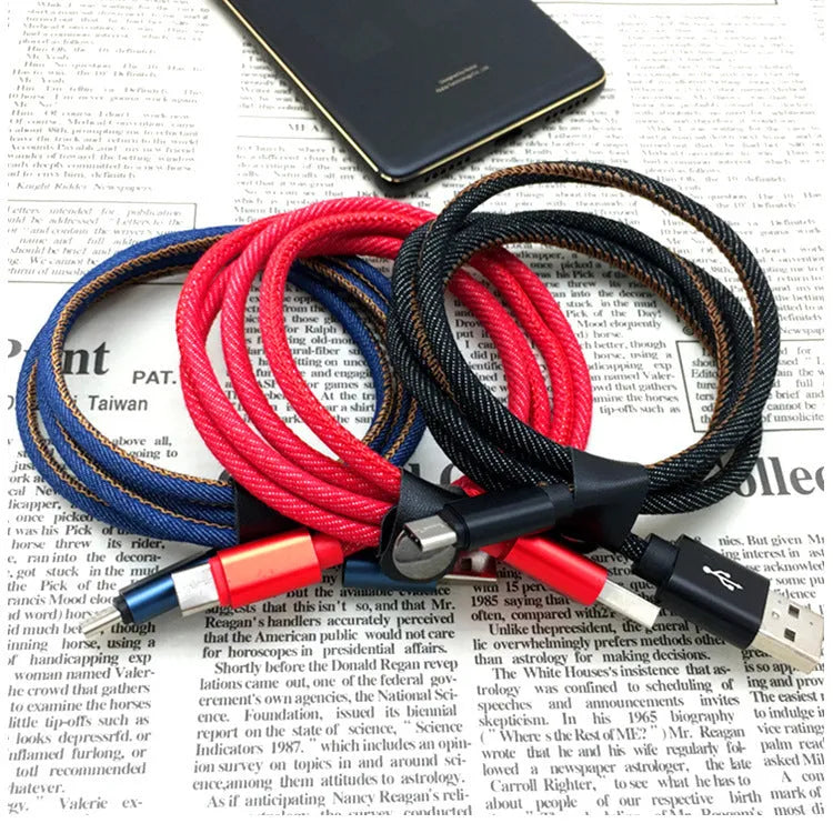 Cowboy-style denim USB Type-C charging cable with aluminium connectors in black, blue, and red colour options