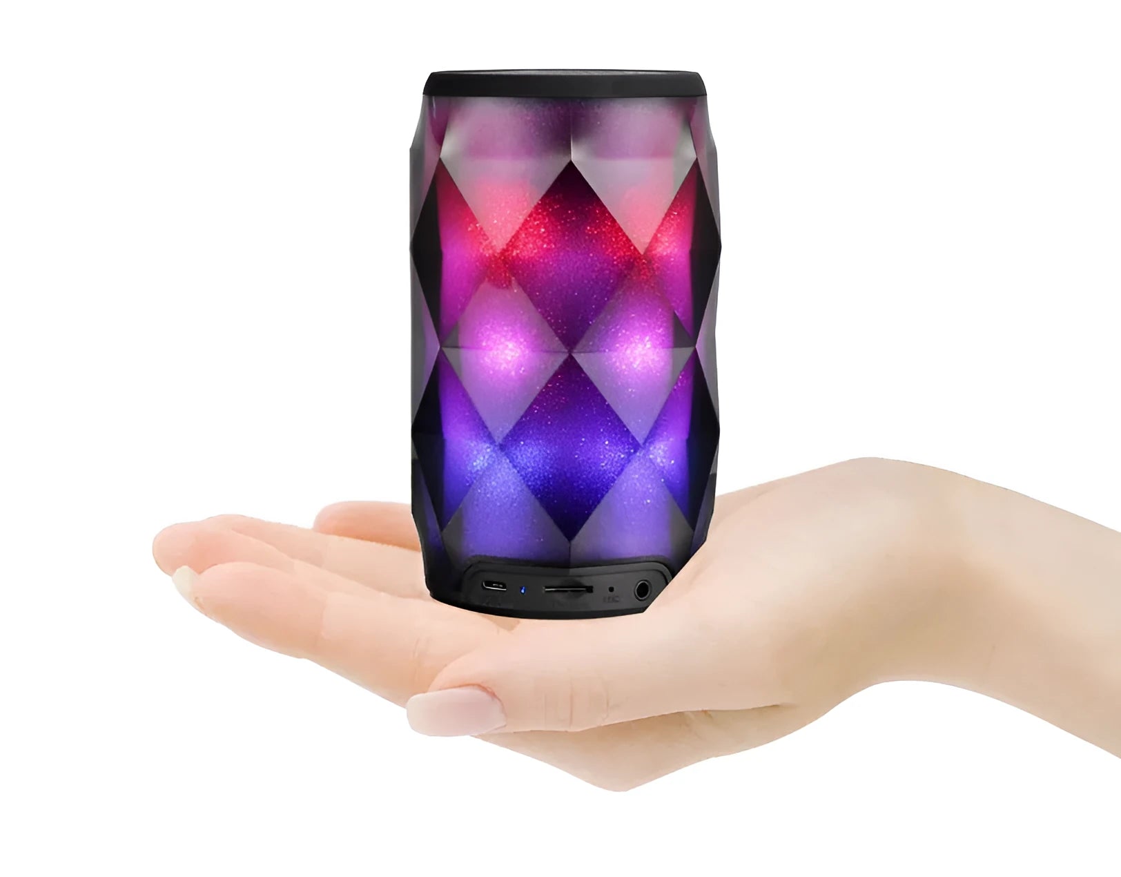 Black crystal diamond-cut Coke can shaped Bluetooth speaker lantern with colourful LED lighting.