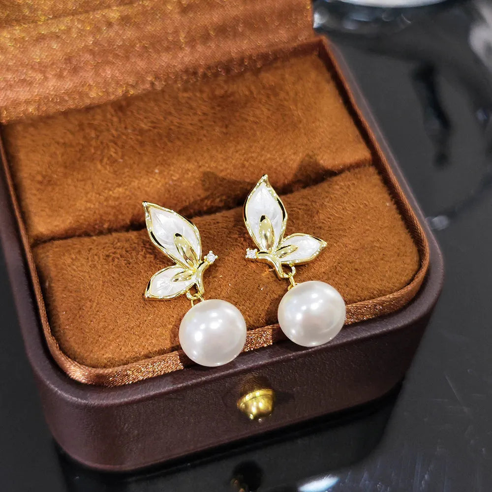 Zircon painting oil butterfly earrings for women with electroplated copper construction