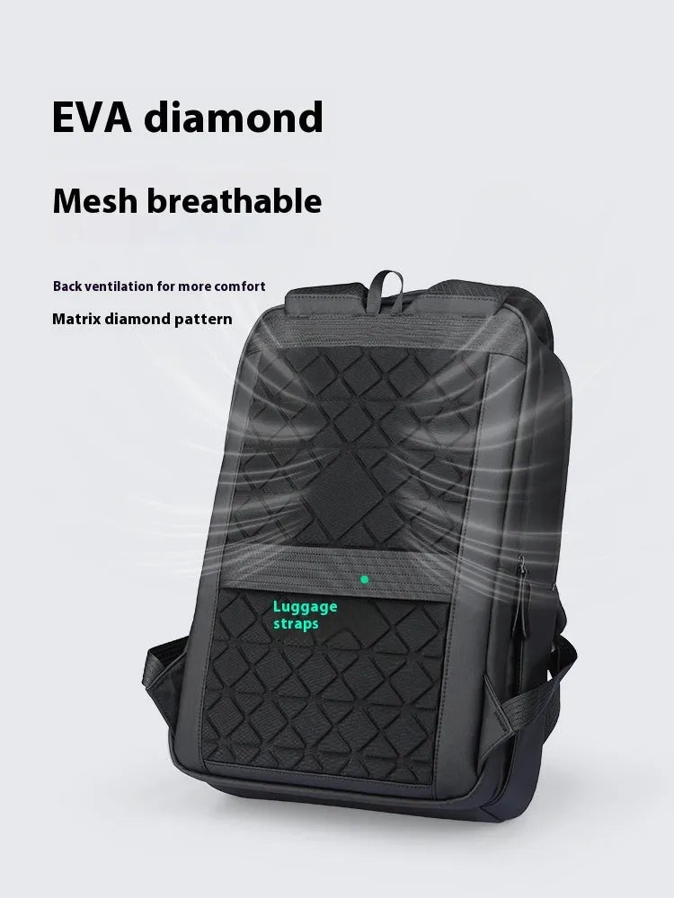 Graphite grey Oxford cloth business backpack with a USB charging port on the exterior.
