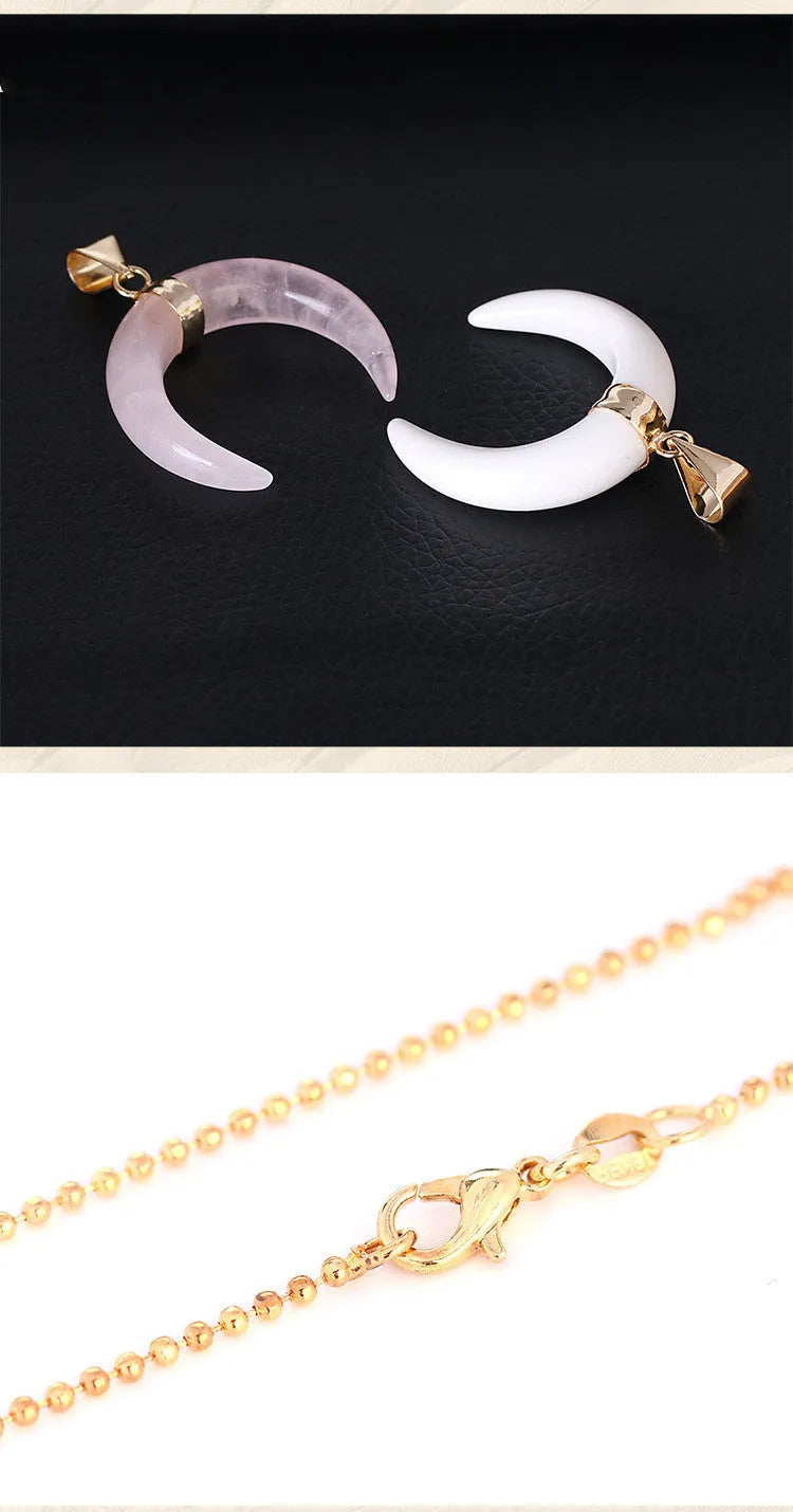 Natural stone moon pendant necklace on a 45cm copper chain, shown in pink or purple colour options.