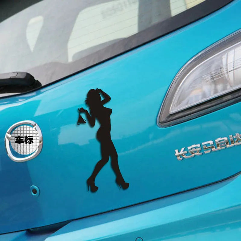 Bikini car sticker in black, PET reflective material, 19 cm length, on a car door