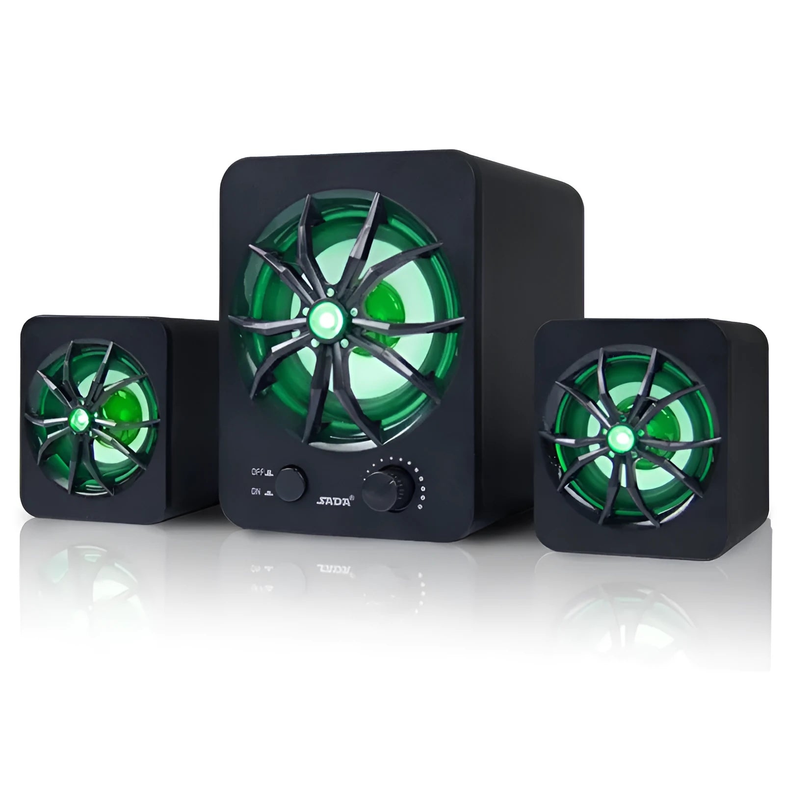 Green U-2600 2.1 USB computer speaker with colourful LED lights on a desktop.