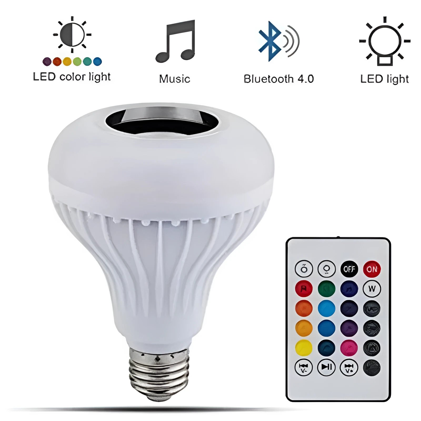 White Bluetooth speaker smart LED bulb with E27 base and remote control.