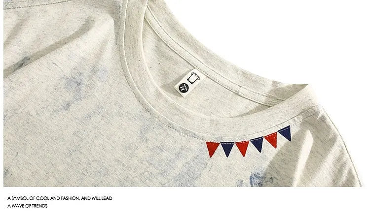 Grey loose fit short sleeve t-shirt with a full body tie dye pattern, showing round neck collar.