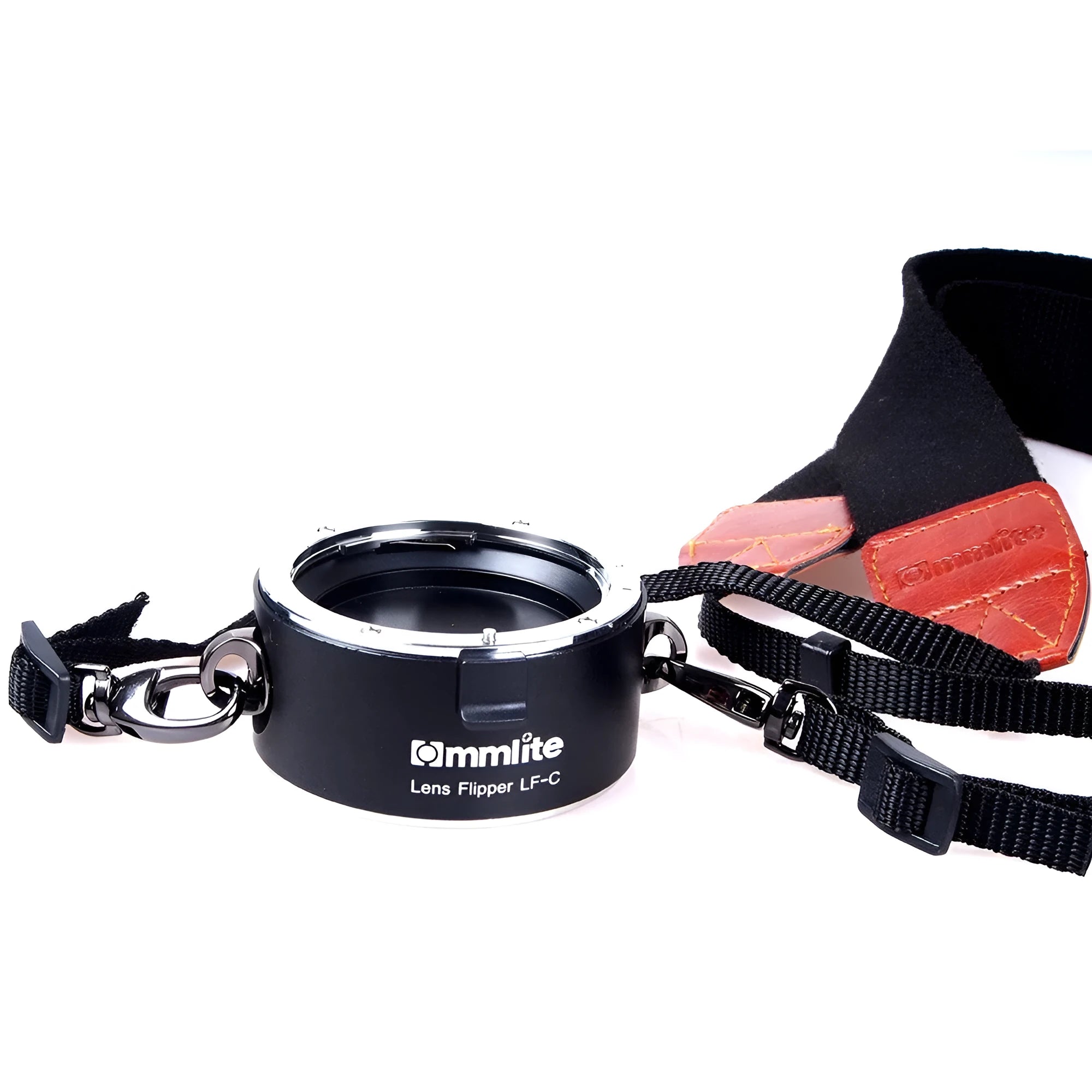 Aluminium camera lens flipper holder for Nikon F-mount with stainless steel buckle and cotton shoulder strap
