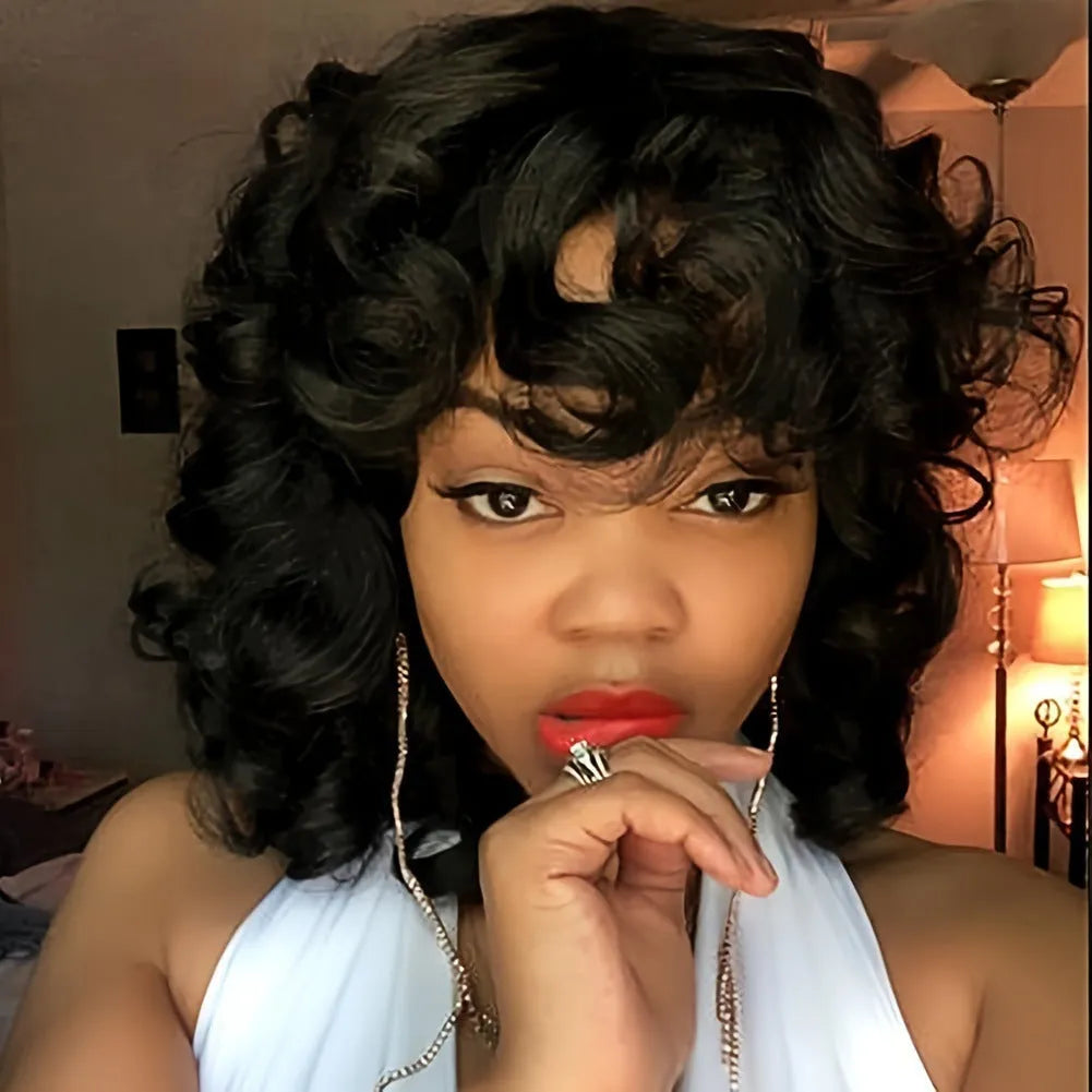 Black short Afro synthetic wig with long curly hair, shown on a model.