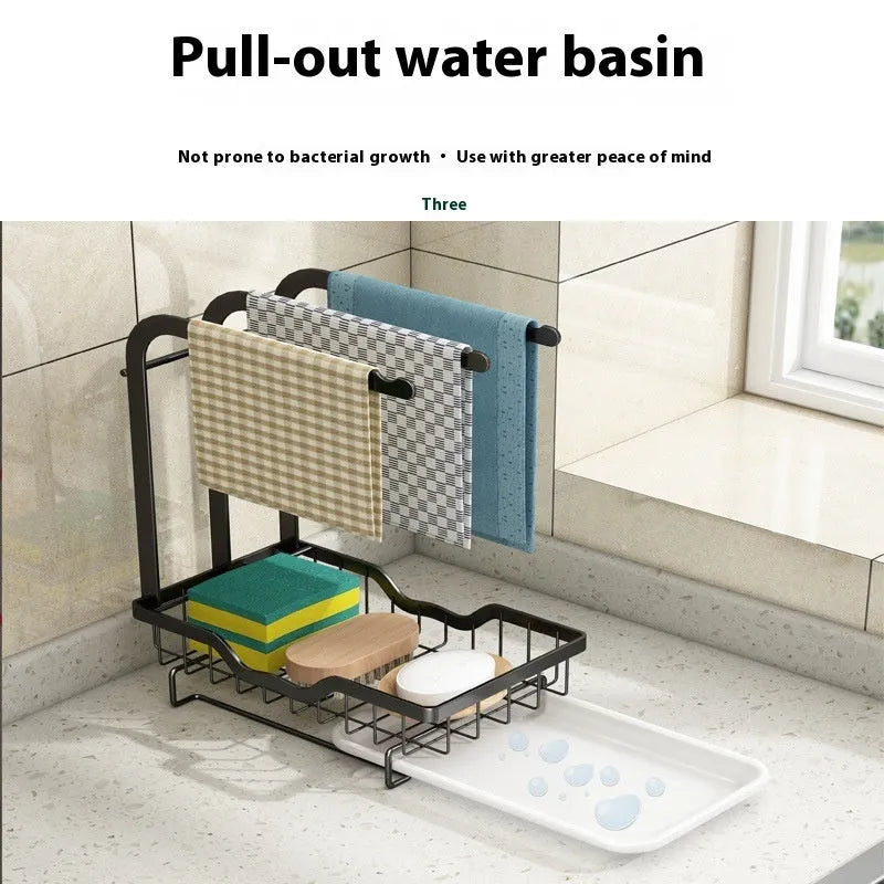 White foldable plastic kitchen storage rack shown in wall-mounted and desktop configurations
