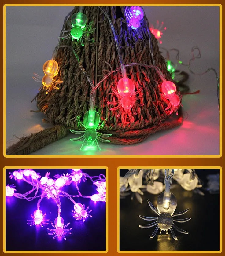 Halloween battery LED string lights showing bat, pumpkin, ghost and spider shapes on a 1.2 metre white wire.