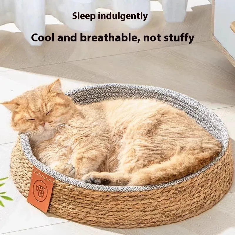 A woven rattan cat nest bed for pets, shown in one of four available sizes.