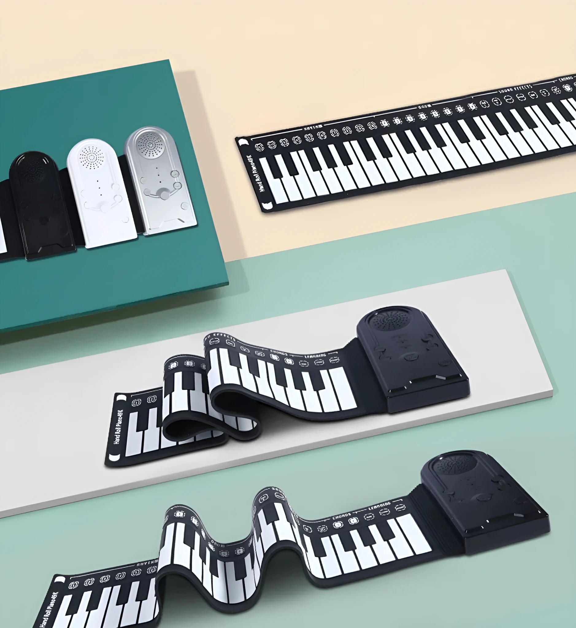 49 key portable folding electronic keyboard in pearl white, showing compact folded size next to unfolded playing position
