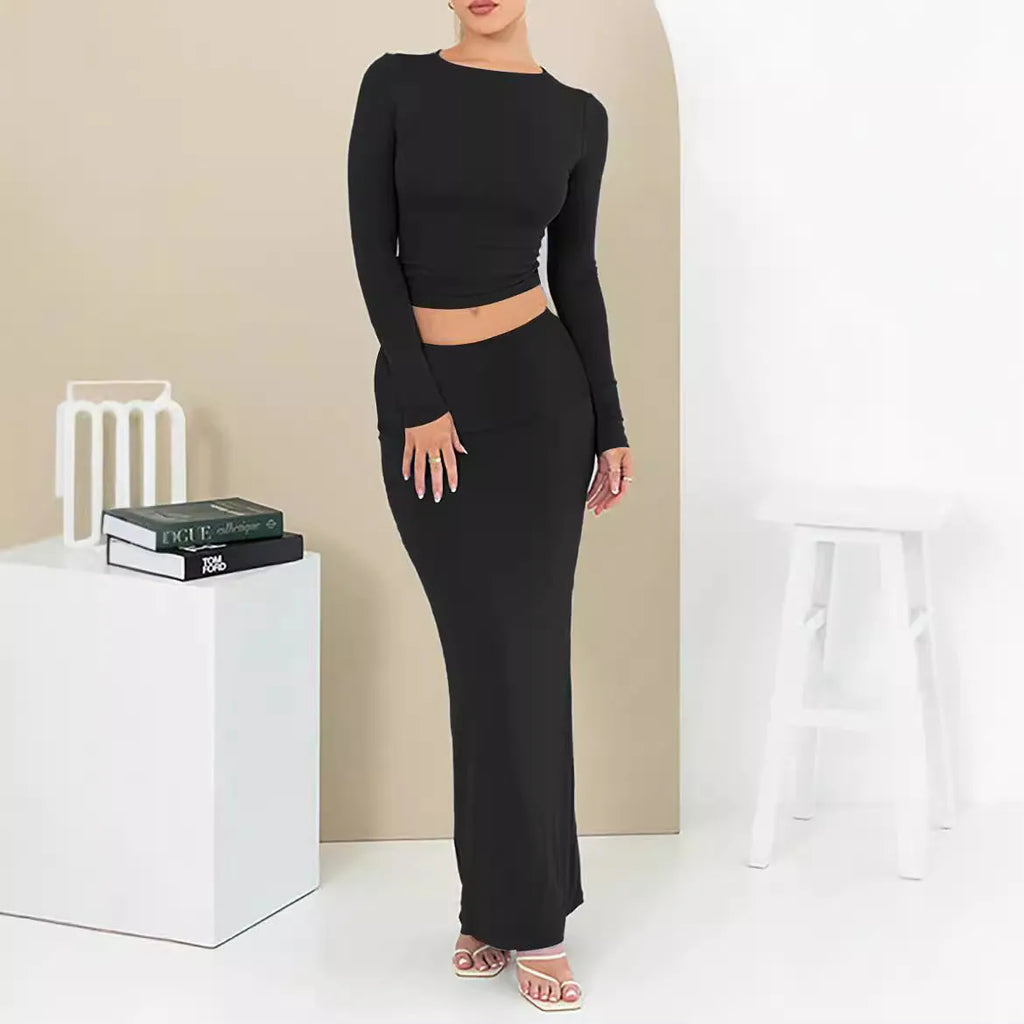 Women's autumn two-piece suit set with exposed navel design and three-quarter sleeves in polyester fabric