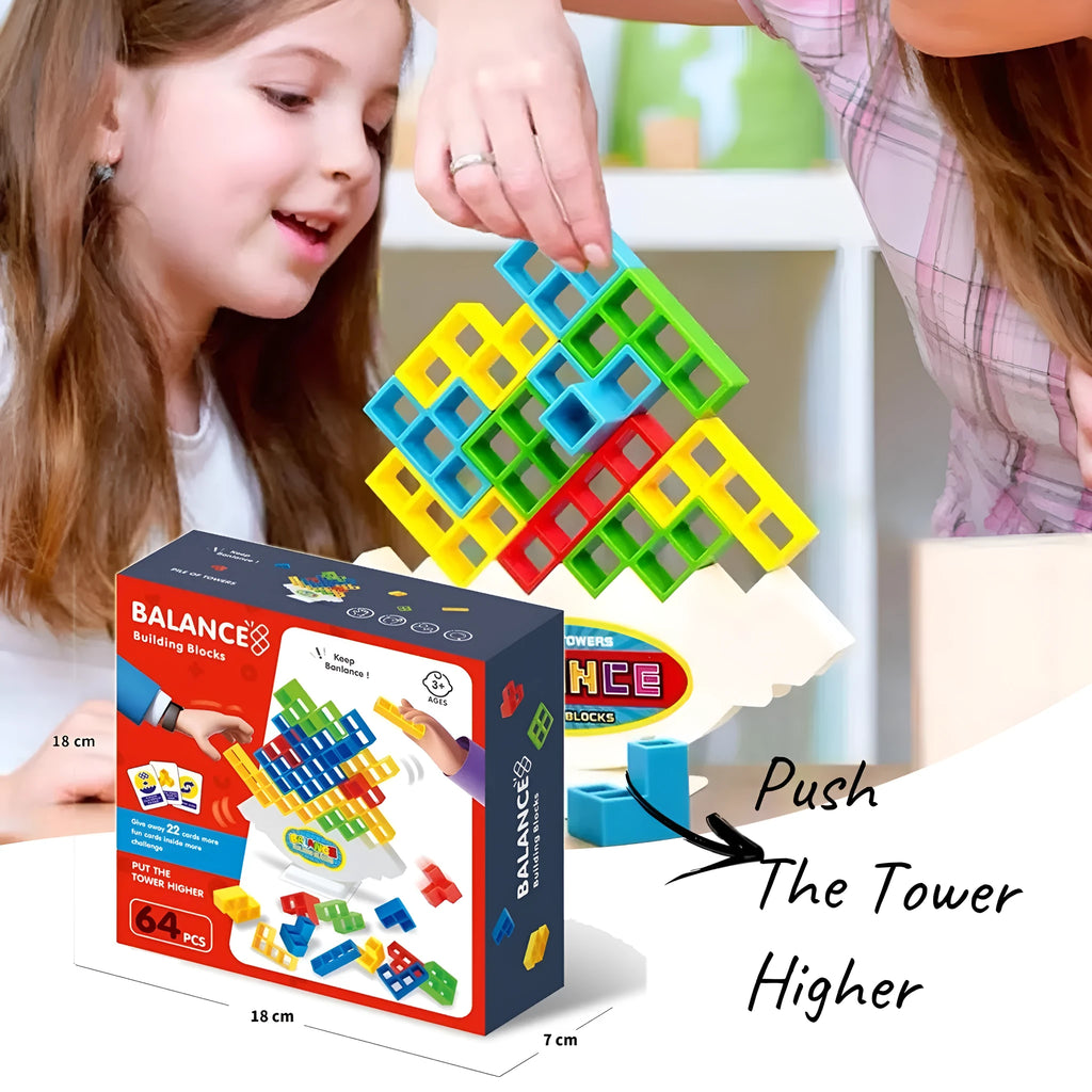 Plastic balance stacking game with 16 coloured building blocks on a chassis