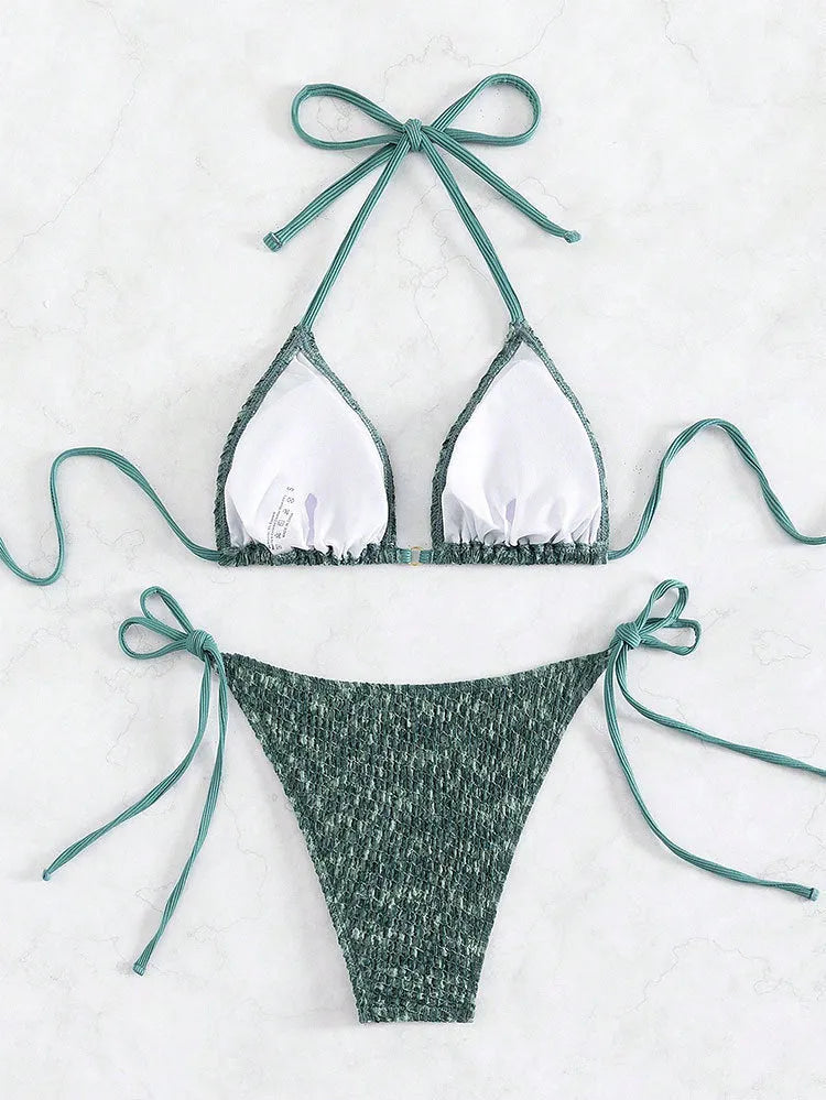 Women's green halter strap backless bikini set with matching shorts